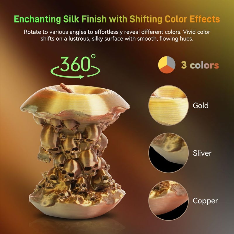 FLASHFORGE Silk Tri-Color PLA Filament 1.75mm, Coextrusion Gold Sliver Copper Triple Color Rainbow 3D Printer Filament, Enchanting Silk Finish with 360° Multicolor Shifting Color Effect - Image 3